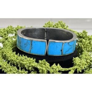 Vintage Taxco Turquoise Inlay Sterling Silver Chunky Clamper Bracelet